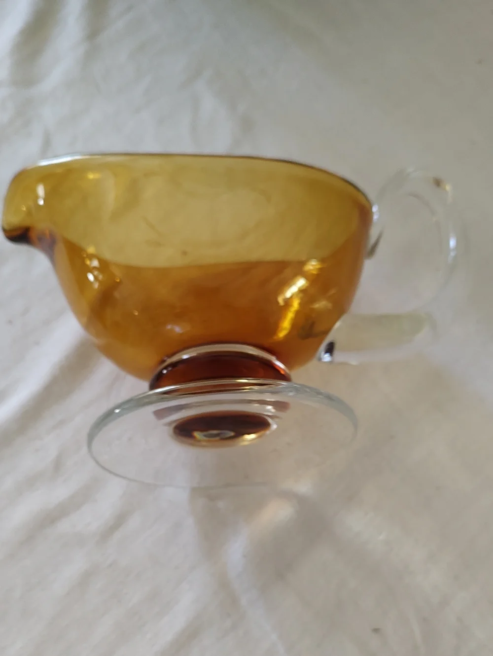Large Williams Sonoma Amber Citrine and Clear Glass Footed Gravy Sauce Boat